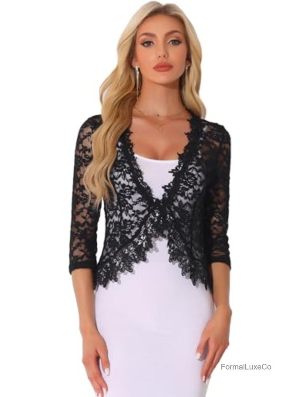 Floral Lace Shrug Bolero Cardigan 3/4 Sleeve Formal Evening Coverup